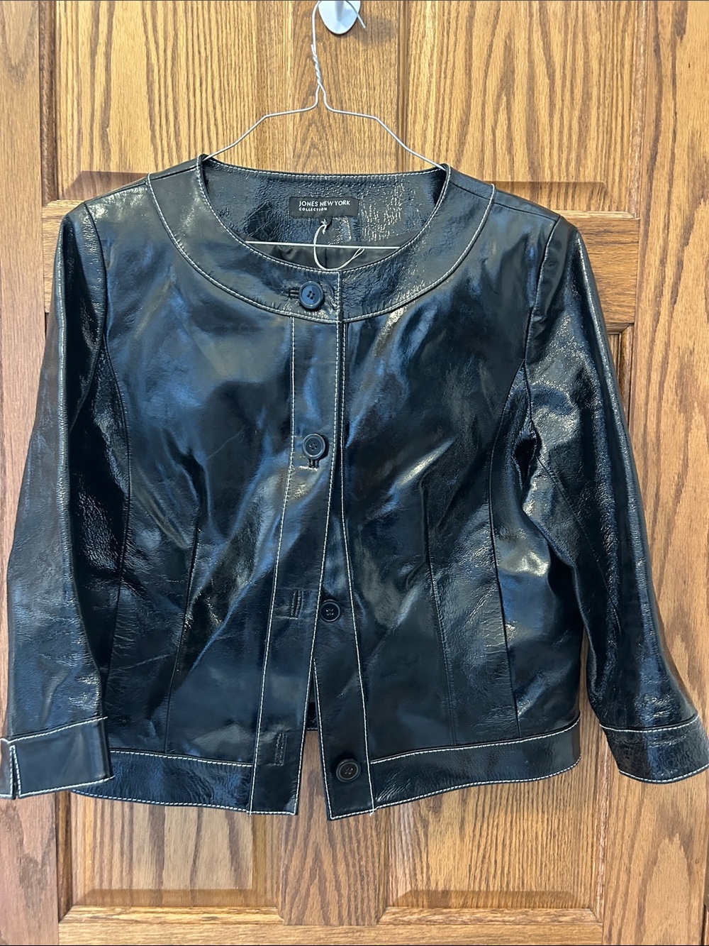 Jones New York Black Leather Round-Neck Button Jacket
